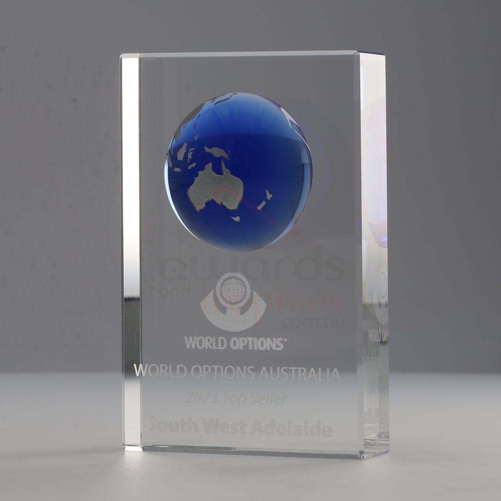 Blue Globe on Crystal Block 115mm